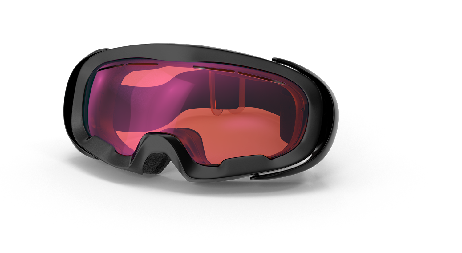 A snow goggle with a red mirrored lens.